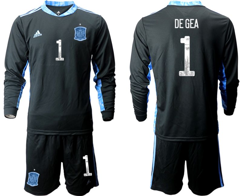 Men 2021 World Cup National Spain black long sleeve goalkeeper #1 Soccer Jerseys->->Soccer Country Jersey